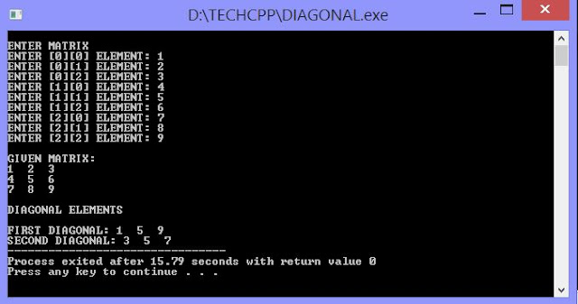 C++ Program to display the diagonal elements of a given matrix with output