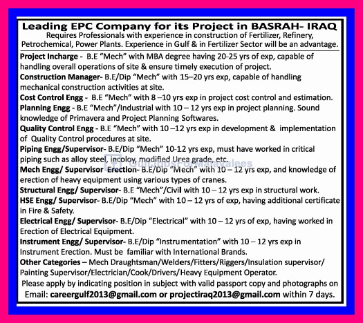 Urgent Vacancies For An EPC Company In BASRAH - Iraq