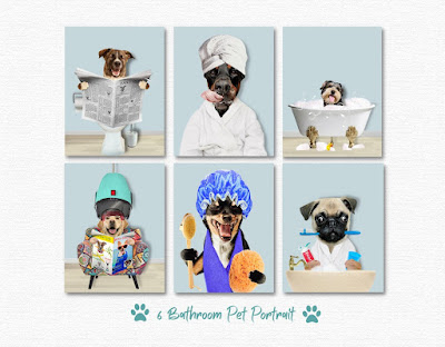 Set of six custom pet portraits of pets in the bathroom. Gifts designs for family or friends.