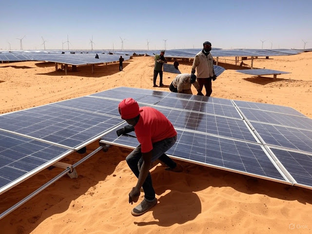 "Solar farm in Mauritania’s desert with workers and a ‘Nouakchott Solar Plant’ sign, showcasing renewable energy progress toward a 50% target by 2030 under Ghazouani’s leadership in 2024."