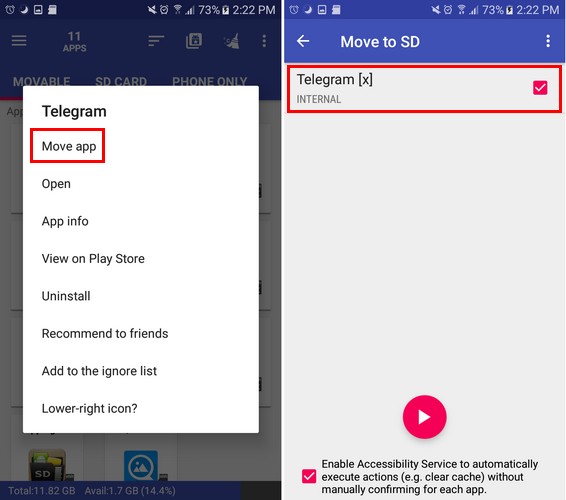  On the Transfer tab, you'll see a list of all the apps that you can transfer to your SD card if you see the SD card icon to the left of the app, so the app is ready to move if you do not see the icon, the app has already been moved. When you click on the app, you'll see a variety of options to choose from: the first option is the "Move app" option. Click on it and on the app. Then, you'll go to your device settings where you'll need to repeat the steps above.