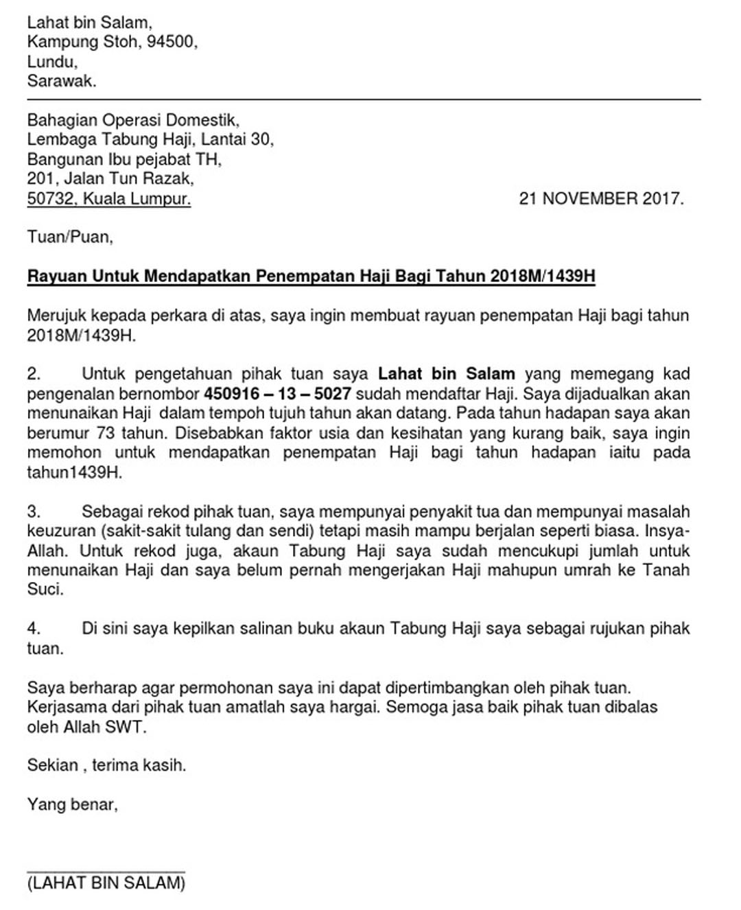 Contoh Surat Rayuan Permohonan Menunaikan Haji