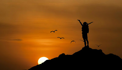 hiking, sunset, sun, birds, twilight, flying, freedom, person, top, rock, boulder, top view, outdoor, nature, sky, clouds, woman, panoramic, inspirational, evening, night