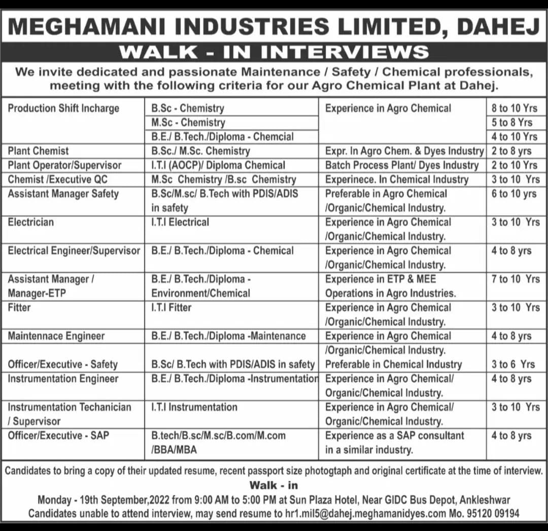 Job Available's for Meghamani Industries Ltd Walk-In Interview for BSC/ MSc Chemistry/ BE/ B Tech/ Diploma Chemical/ ITI- AOCP/ Electrical/ B Com/ M Com/ MBA
