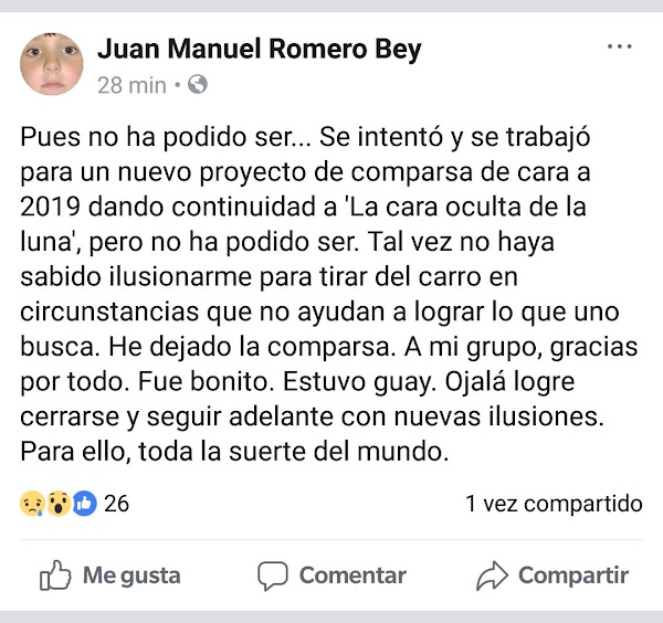 Romero Bey anuncia su ausencia para 2019