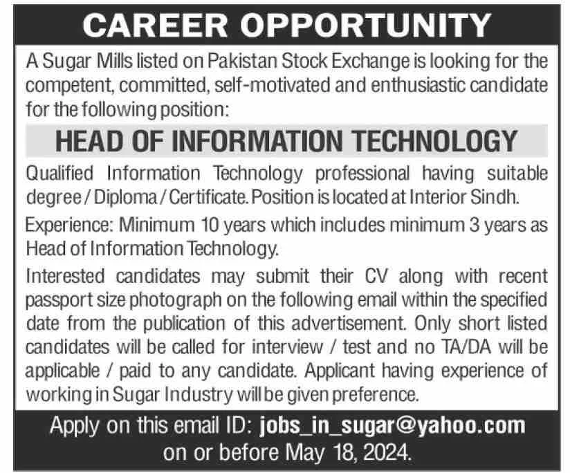 HEAD OF INFORMATION TECHNOLOGY