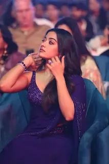 Rashmika Mandanna Stuns in Blue Saree at Pushpa 2 Event
