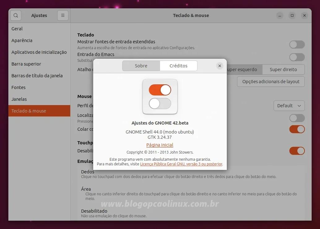 GNOME Tweaks executando no Ubuntu 23.04 (Lunar Lobster)