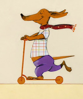 happy dachshund on a scooter illustration by Robert Wagt