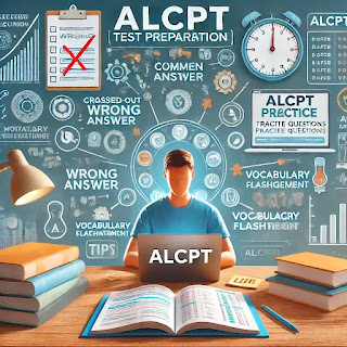 A student preparing for the ALCPT exam, surrounded by books and a laptop, with symbols highlighting common mistakes like time management and vocabulary errors.