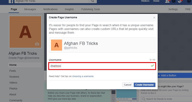 Create Facebook Page - Enter Username