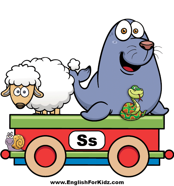 Letter S is for sheep, seal, snake, snail - ABC train wall decor