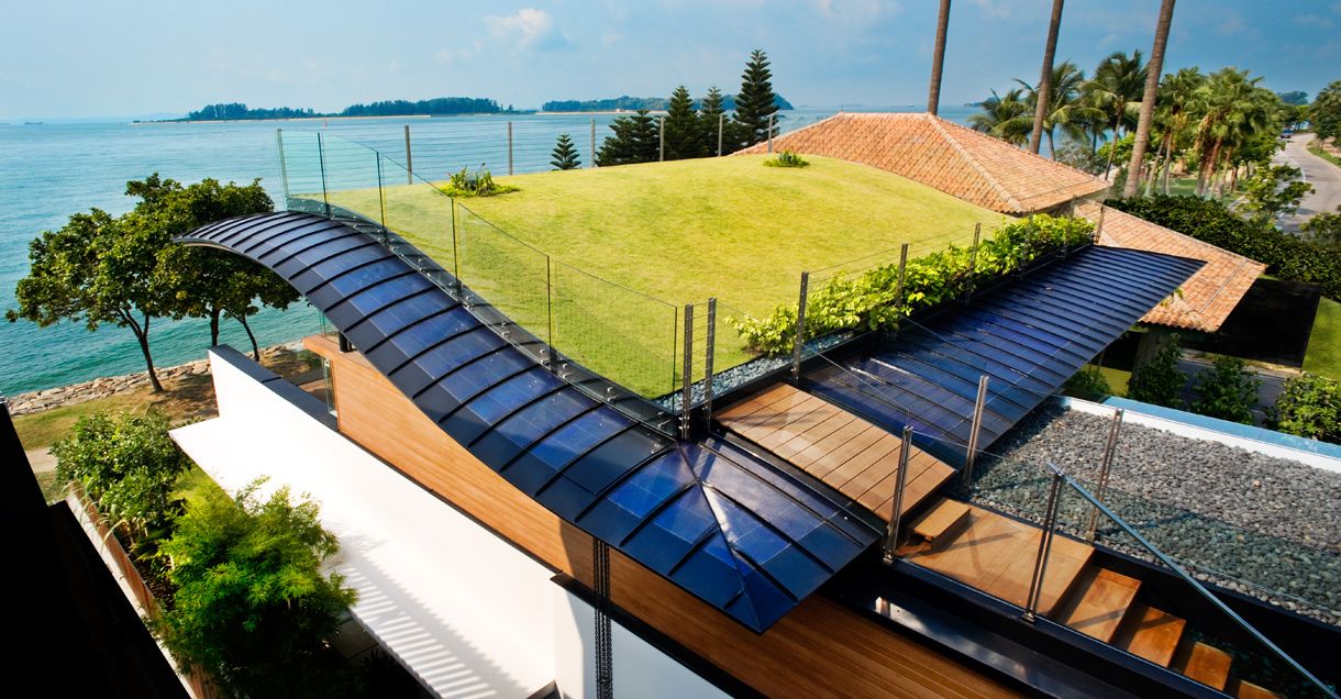 green grass roof and solar panels