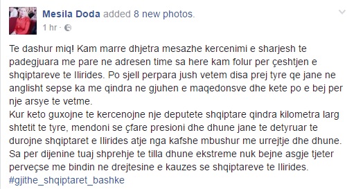 Albanian MD Mesila Doda gets hundred life threatening messages by Macedonians