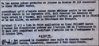 Etablissements Philbert - Pont-Saint-Pierre - Extrait de l'arrêté du Commissaire Régional de la République de Rouen prononçant le non-lieu