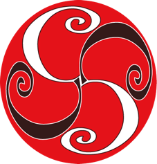 Swastika-like symbol with black and white colors on red background.