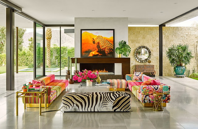 Vibrant colorful sectional sofa with Missoni brass at Oasis Palm Springs California