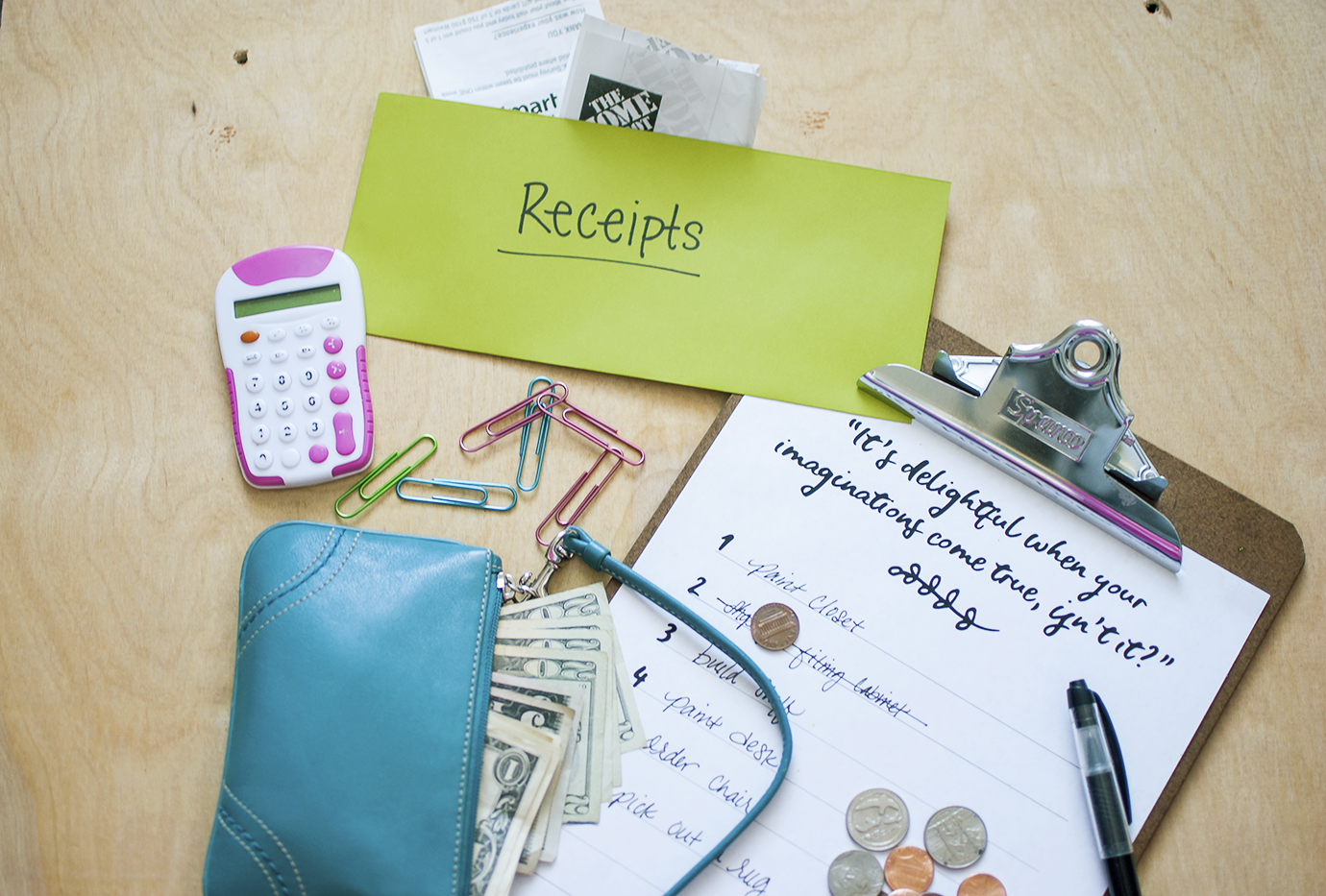 Aqua Blue Wallet with Paper Money and Coins Clipboard with Project Checklist and Receipts Envelope | Budget Saving Tips For Home Remodel Projects