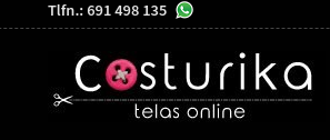 Imagen sobre fondo negro con el número de whatssApp y el logo de Costurika. Telas online.