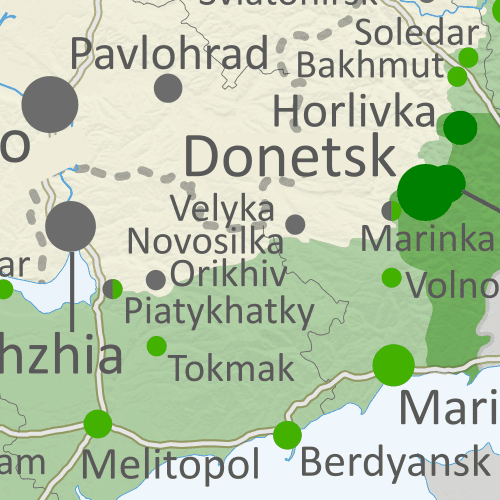 Thumbnail previewing map of Russian-controlled territory in Ukraine on June 30, 2023. In addition to the Crimean peninsula, which Russia had already seized in 2014, and parts of the far eastern Donetsk and Luhansk provinces (the Donbas region) already controlled by Russia-backed separatist rebels (and formerly declared independent as the Donetsk and Lugansk People's Republics), Russian forces still control a wide belt of territory just north of Crimea, including large parts of Kherson and Zaporizhzhia provinces, as well as large additional areas of Donetsk and Luhansk provinces. Ukraine has recently made small advances southward in Zaporizhzhia and western Donetsk. Meanwhile, all of those provinces are now claimed by the Russian government as parts of Russia, creating a new claimed international border through what was until recently undisputed eastern Ukraine. Map includes key locations from the news, such as Orikhiv, Velyka Novosilka, Piatykhatky, the Kakhovka Dam, and more. Colorblind accessible.