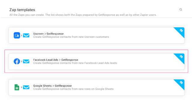 Image displaying Zap templates within GetResponse, highlighting the Facebook Lead Ads and GetResponse automation.