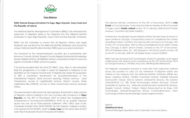 NIMC Extends Enrolment To Niger, Togo, Ireland, Ivory Coast