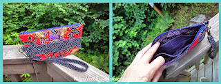 Noodlehead Gathered Clutch, outer and inner views, red batik version