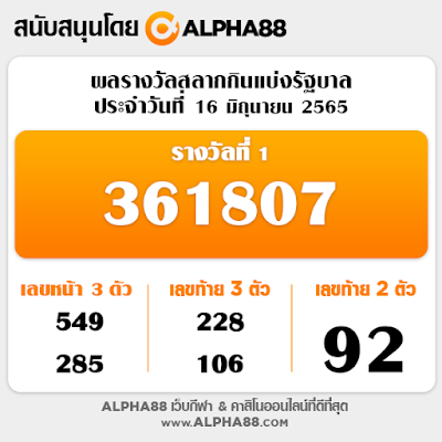 ผลสลากกินแบ่งรัฐบาลประจำงวดที่ 16 มิถุนายน 2565