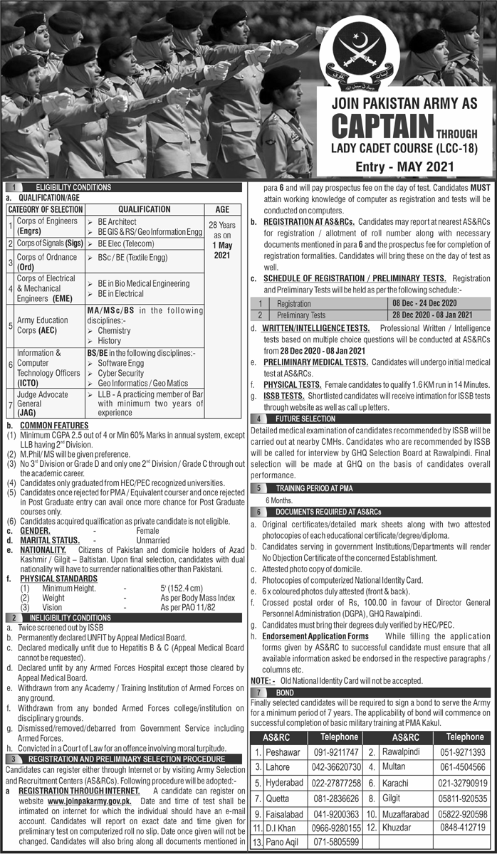 Pakistan Army as Captain Through Lady Cadet Course (LCC-18) Jobs December 2020