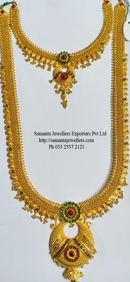 Latest Gold Ranihaar Long Necklace Designs , gold Jewelery manufacturer kolkata Samanta Jewellers, Bridal Gold Longset Uset Haram Guluband Uset design