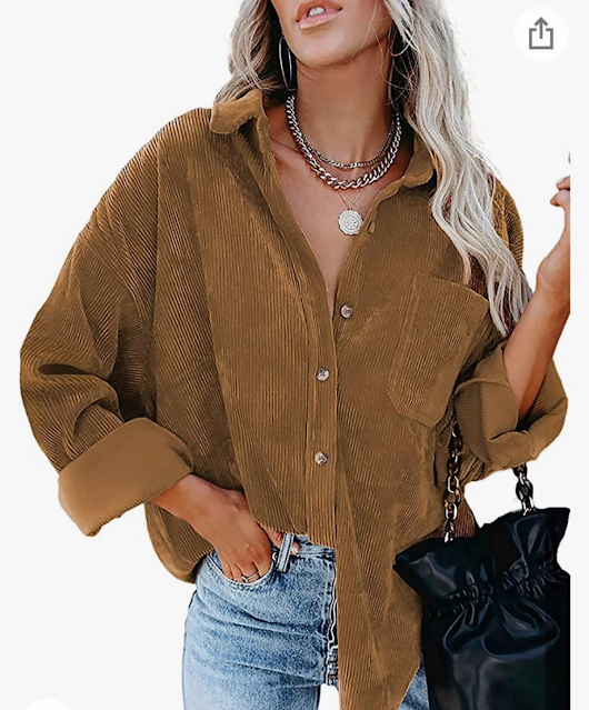Womens Corduroy Button Down Shacket Casual Long Sleeve Shirt Jacket Oversized Blouses Tops