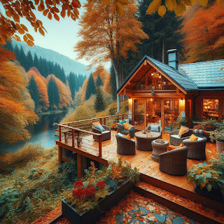 Prompt bing image creator ai - Teras rumah nyaman di tengah hutan yang dikelilingi dedaunan musim gugur yang berwarna-warni.