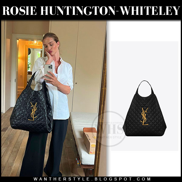 Rosie Huntington-Whiteley in white shirt, black pants and black quilted shopping  tote on June 7 ~ I want her style - What celebrities wore and where to buy  it. Celebrity Style