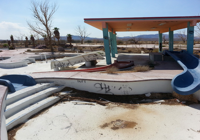 Abandoned Lake Dolores Rock-A-Hoola Water Park in the Mojave Desert in Newberry Springs California