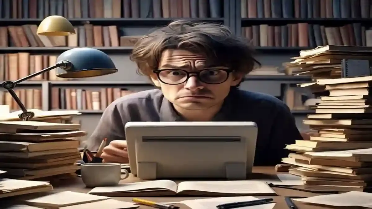 A worried person surrounded by floating thought bubbles and a clock dial, illustrating the feeling of pressure.