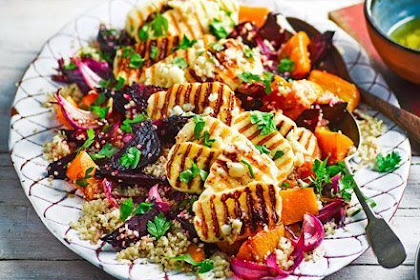 Roasted vegetable quinoa salad with griddled halloumi
