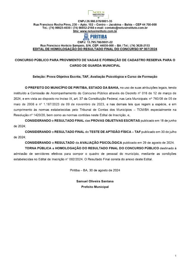 Prefeito de Piritiba Homologa Concurso Público em Meio a Acusações de Irregularidades: Candidato Entra com Mandado de Segurança