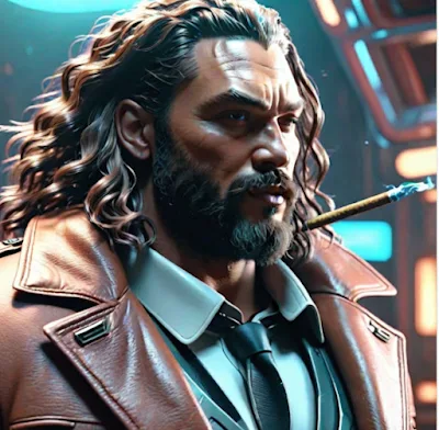 Jason Momoa from the shoulders up wearing a brown leather blazer