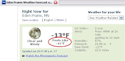 Screenshot from Weather.com. Feels like minus 41 F.