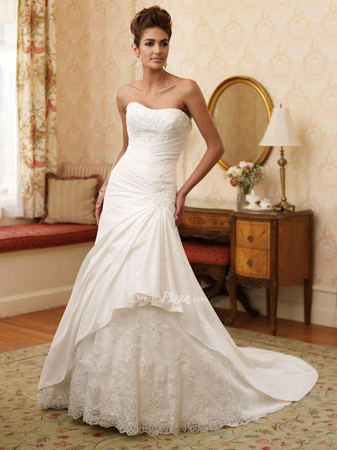 Satin Strapless Slim A-line Beaded Applique Asymmetrically Draped Bubble Hemline Bridal Gown