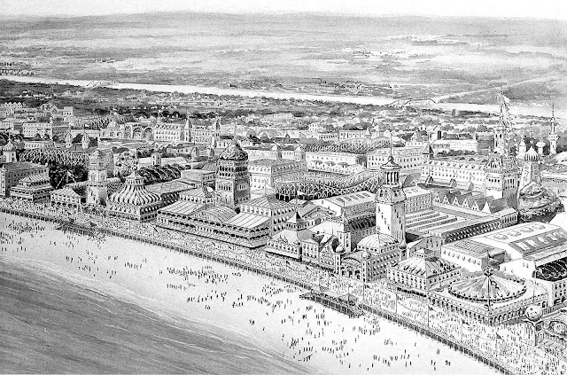 a illustrated 1912 Coney Island birds-eye view of the beach and Luna Park