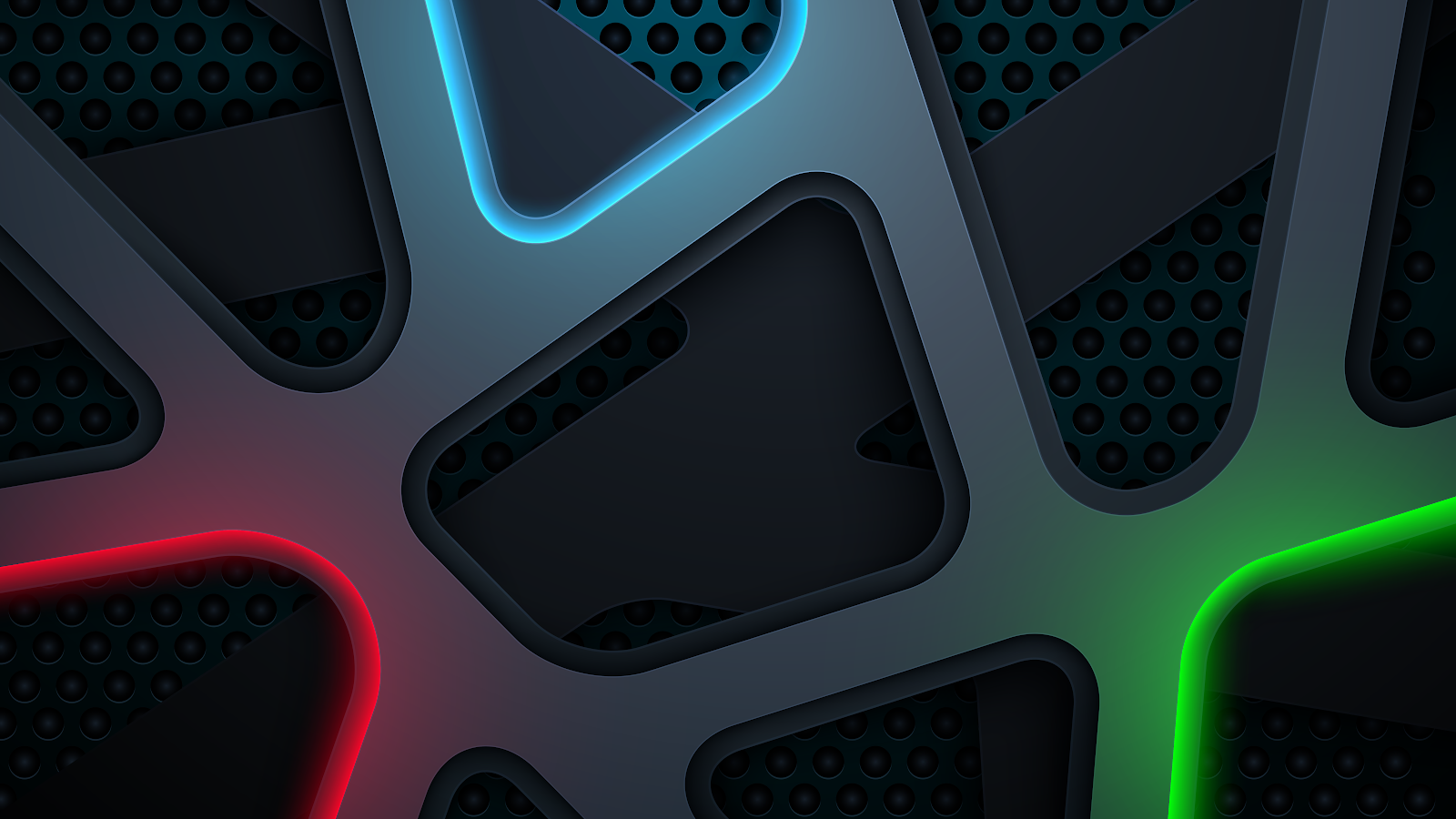 uncompressed wallpaper 8k. Abstract tech-inspired design with neon lights and dark, perforated surfaces.