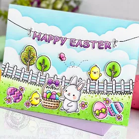 Sunny Studio Stamps: Spring Scenes Chubby Bunny Fluffy Cloud Border Dies Happy Easter Cards by Leanne West