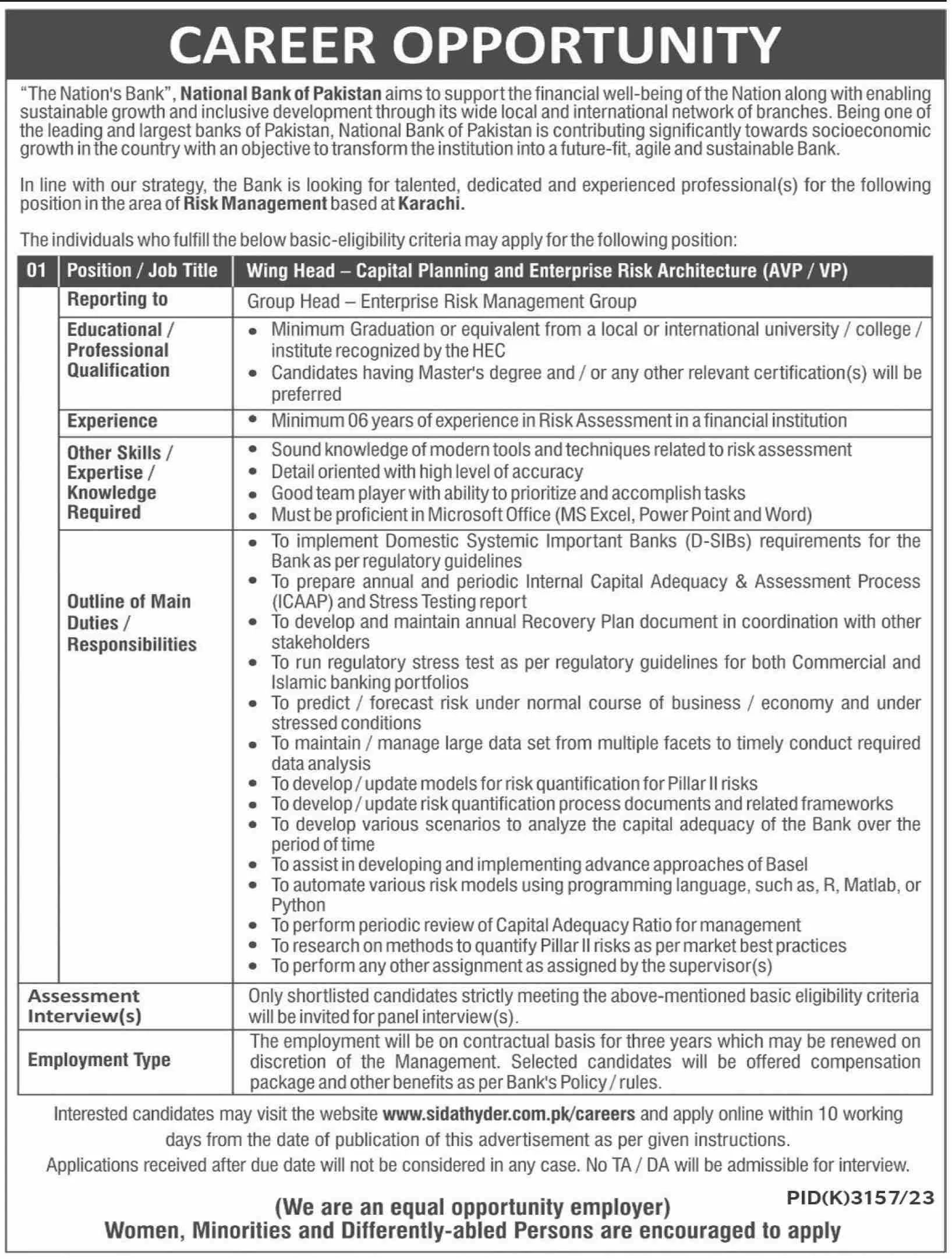 NATIONAL BANK JOBS FOR RISK MANAGEMENT AT KARACHI