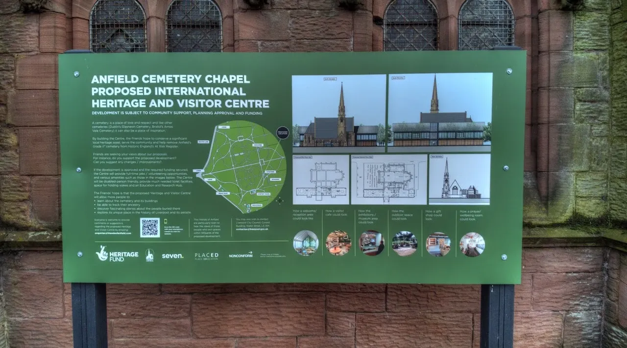 Notice board for proposed visitor center in Anfield Cemetery