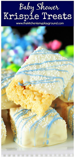 Simply dip Rice Krispie treats inward chocolate in addition to decorate with sprinkles Baby Shower White Chocolate-Dipped Rice Krispie Treats