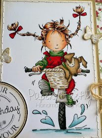 Shaped birthday card with girl and dog on bike