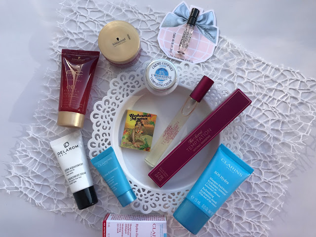 GlamBox Январь 2018, Маска Bonacure OIL MIRACLE, Шампунь Bonacure OIL MIRACLE, Карите loccitane, Antonio Banderas, Her Secret Temptation, Clarins Hydra-Essentiel, the Balm BAHAMA MAMA, AZZARO, MADEMOISELLE AZZARO, Крем Delarom Аквакомфорт, Clarins SOS Hydra, inpoison