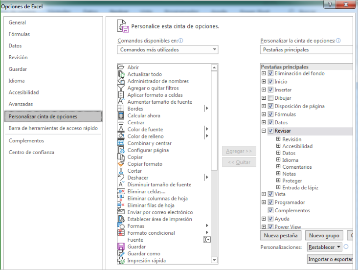 personalización de cinta de opciones en excel