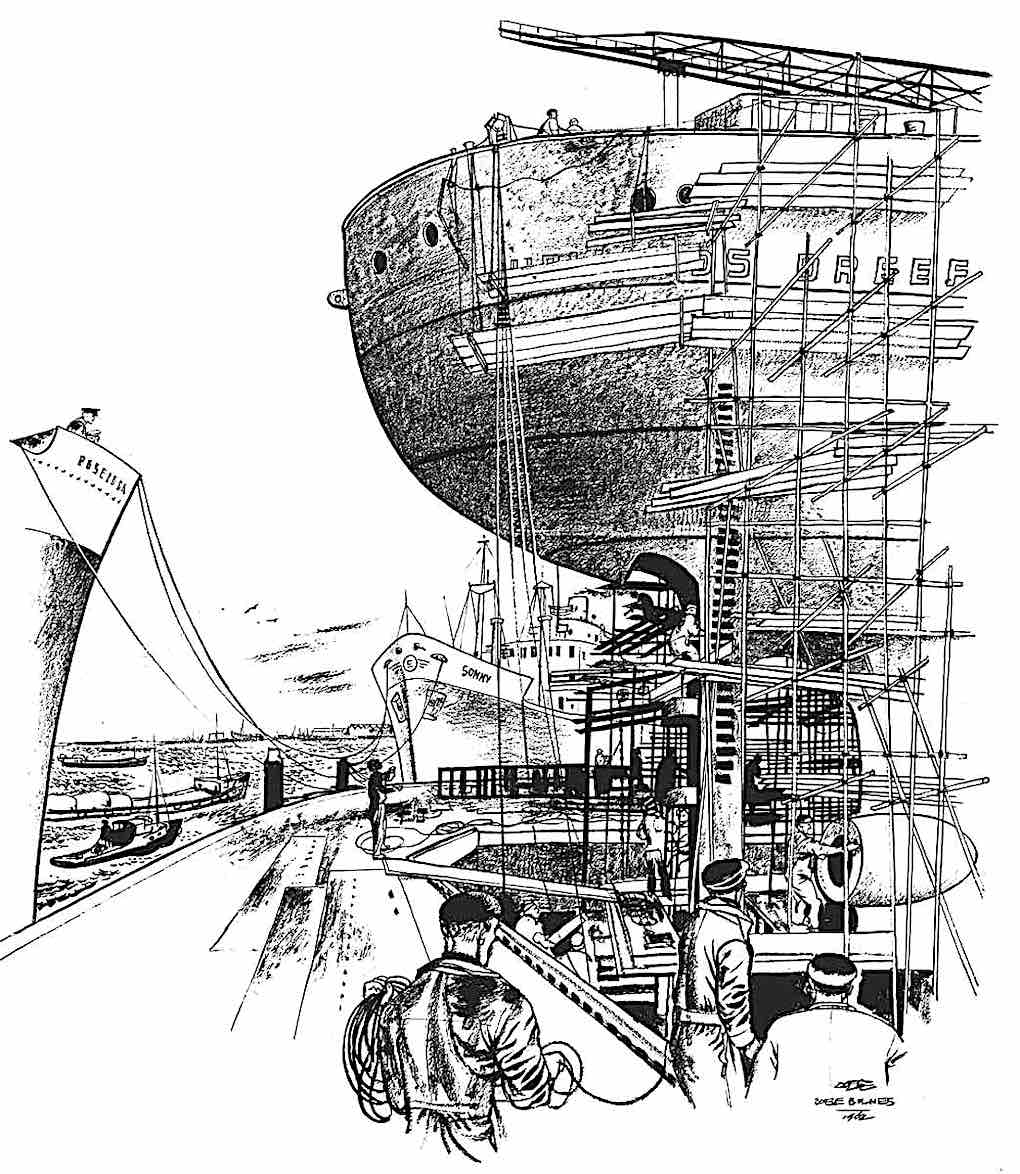 Eppo Doeve illustration of a ship in dry-dock
